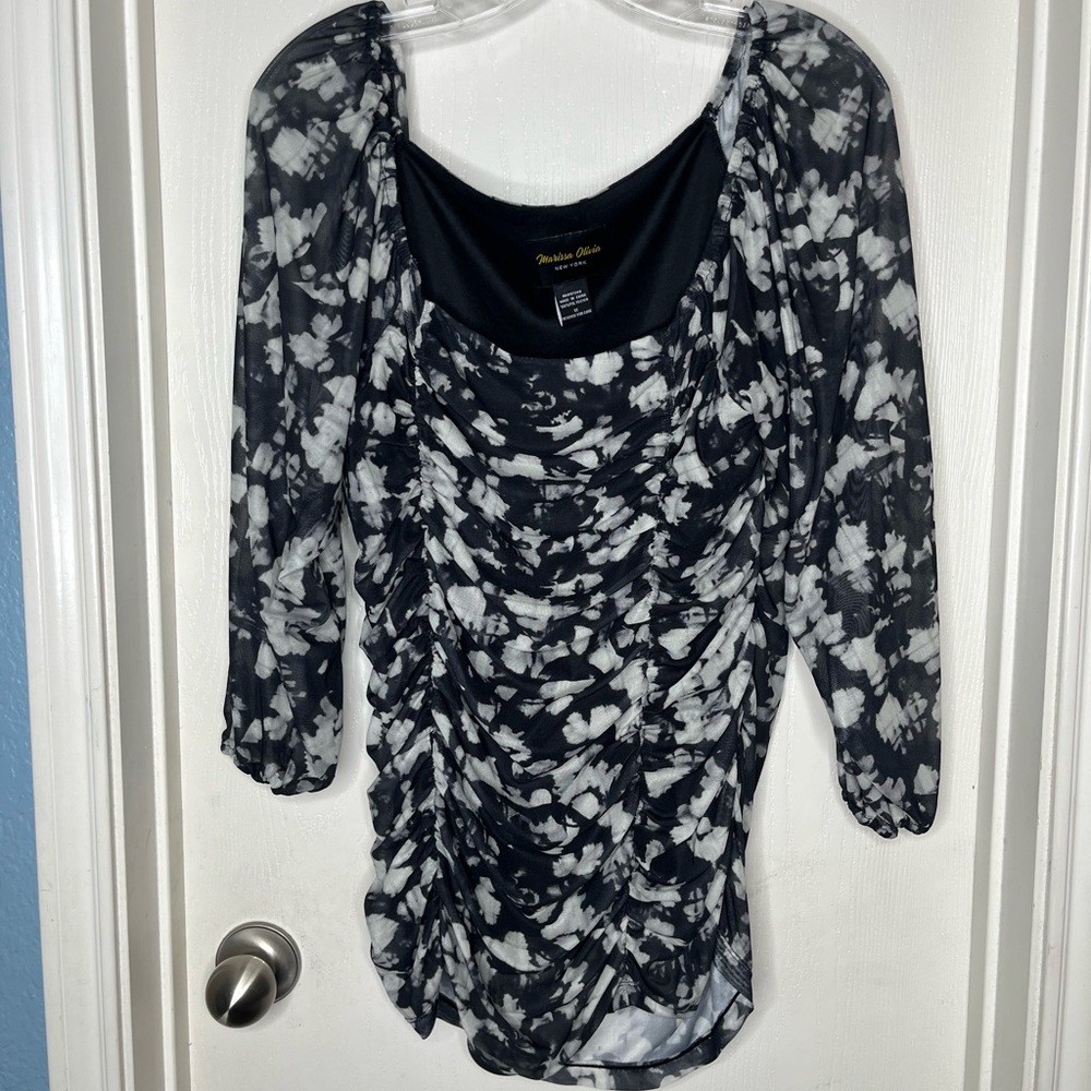Stylish Black and White Ruched Blouse